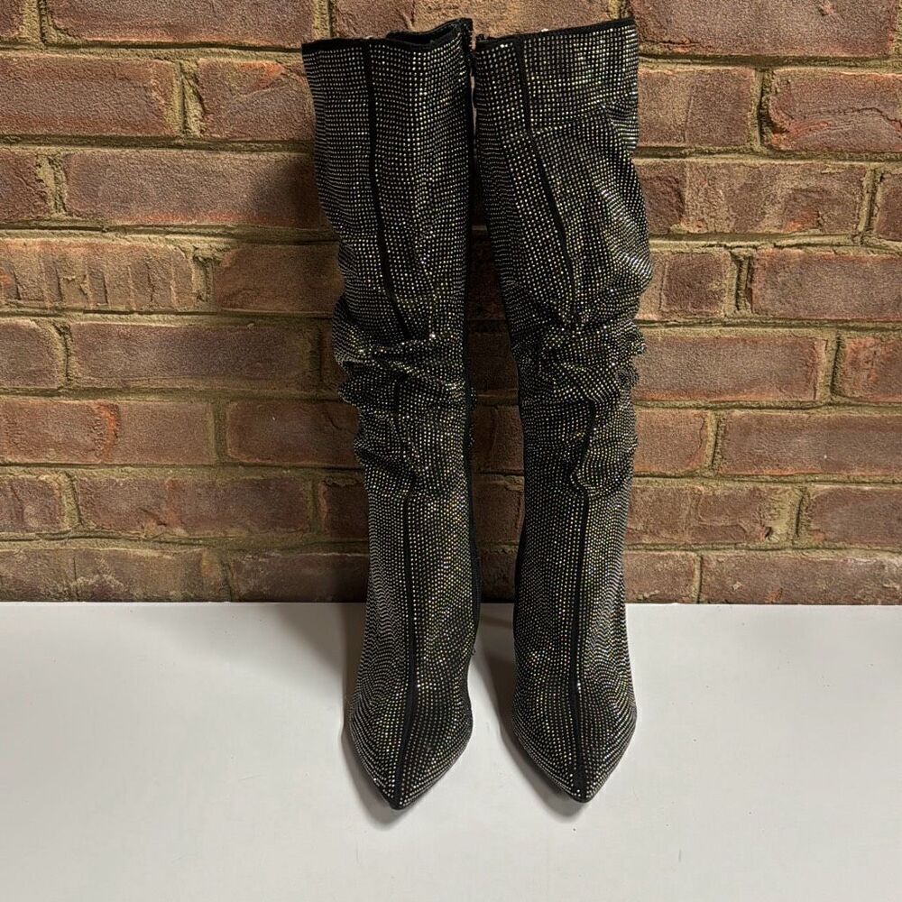 Mata Black Silver Sparkle Slouch Pointed Toe Heeled Boot Size 10 NEW - Picture 2 of 10